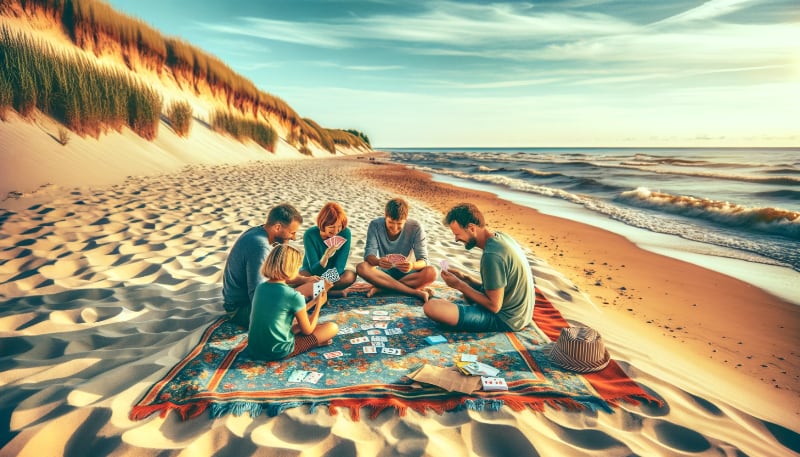 Family playing cards on the beach